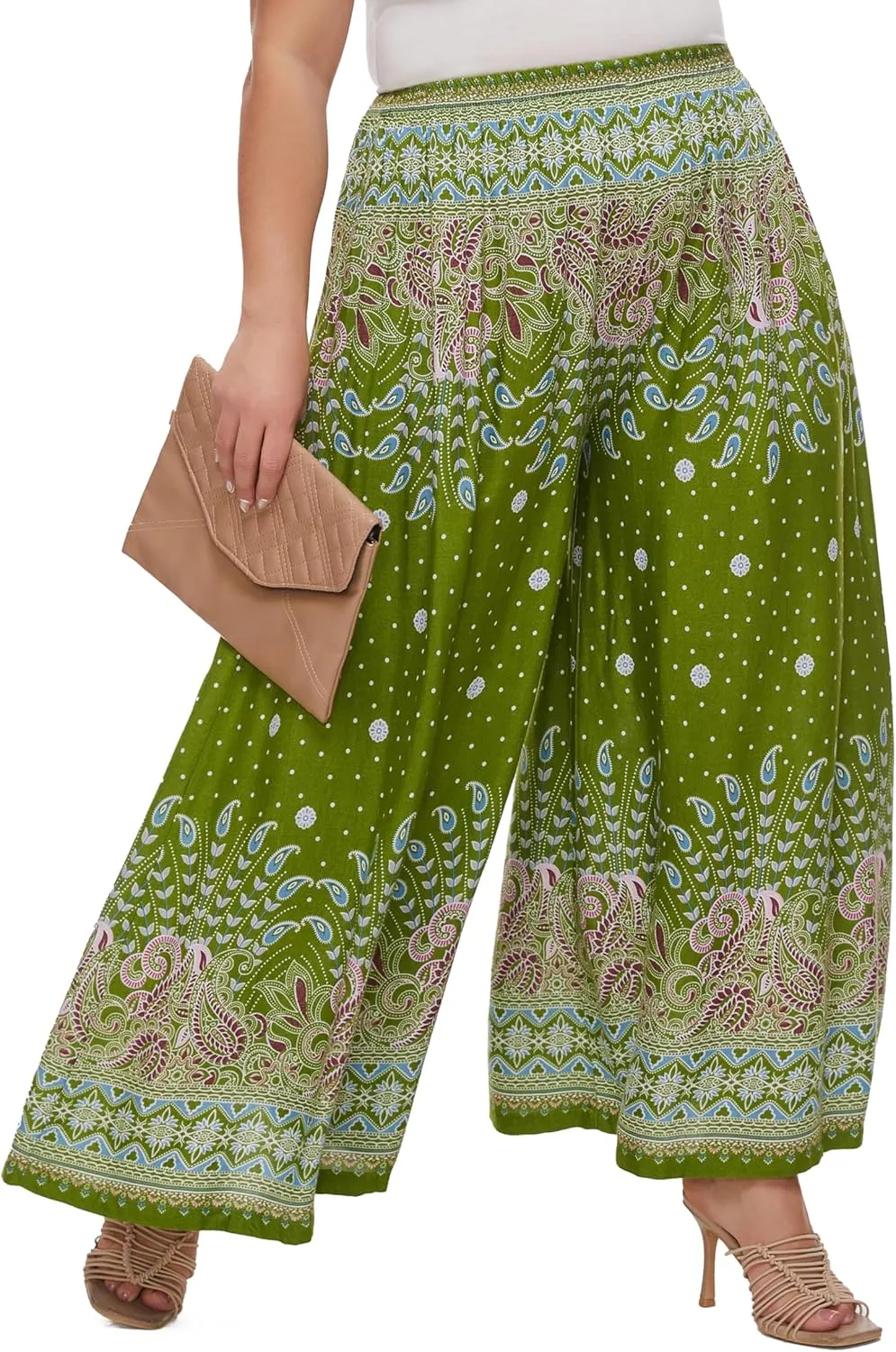 Beautybatik Women Wide Leg Palazzo Pants Plus Size Hippie Bohemian Flora Printed 1X 2X 3X