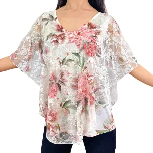 Brittany Black Womens V-Neck 3/4 Sleeve Lace Poncho Floral Print Knit Blouse