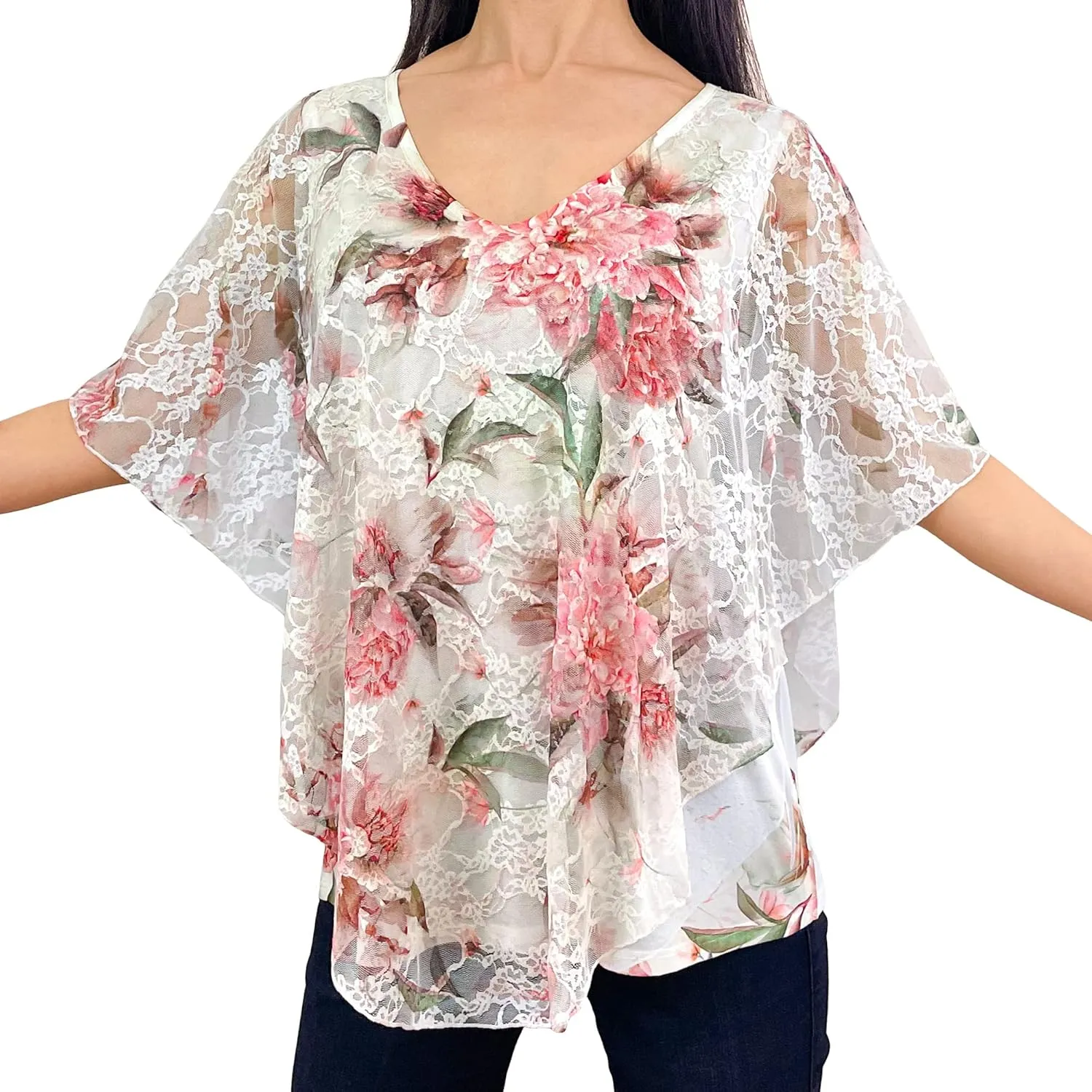 Brittany Black Womens V-Neck 3/4 Sleeve Lace Poncho Floral Print Knit Blouse
