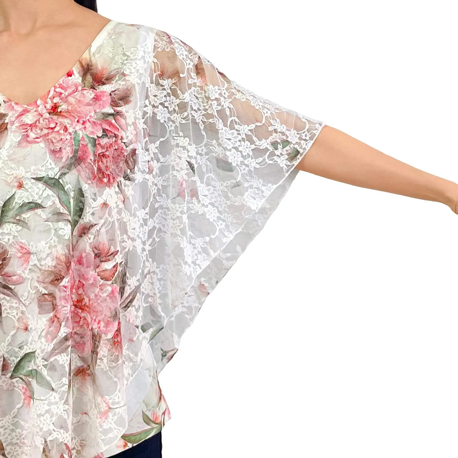 Brittany Black Womens V-Neck 3/4 Sleeve Lace Poncho Floral Print Knit Blouse