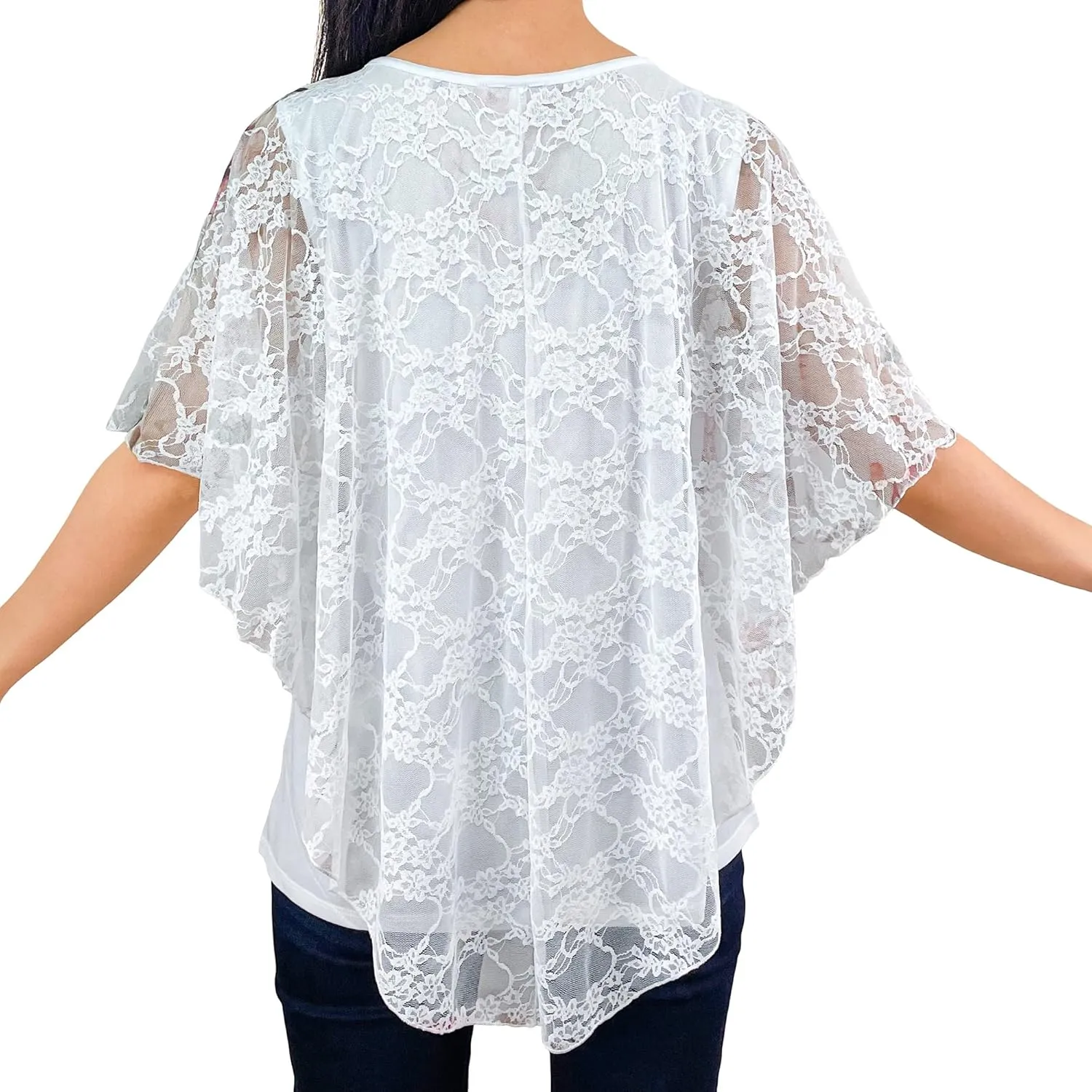 Brittany Black Womens V-Neck 3/4 Sleeve Lace Poncho Floral Print Knit Blouse