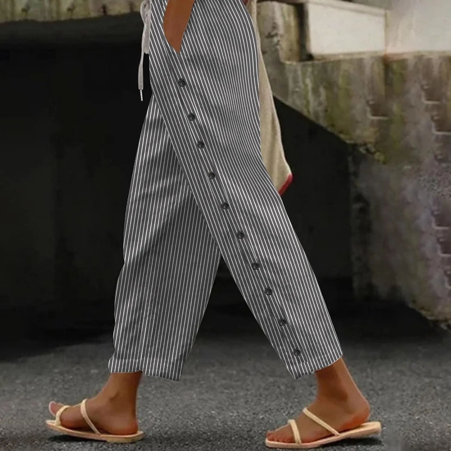 Cotton Linen Pants for Women Summer Wide Leg Elastic Straight Leg Lounge Pant Drawstring Lightweight Beach Trousers