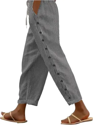 Cotton Linen Pants for Women Summer Wide Leg Elastic Straight Leg Lounge Pant Drawstring Lightweight Beach Trousers