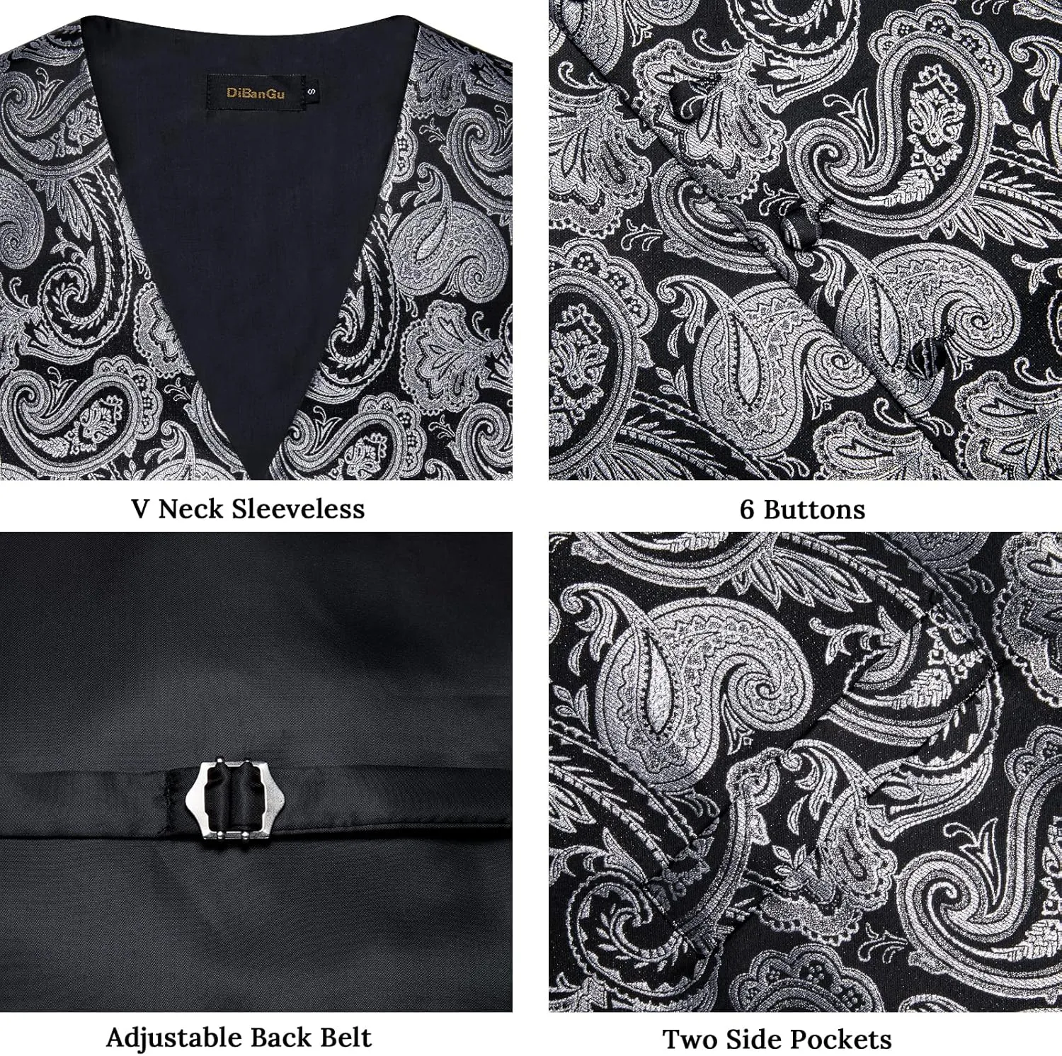 DiBanGu Mens Paisley Suit Waistcoat Silk Dress Vest and Necktie Pocket Square Cufflinks for Wedding Party