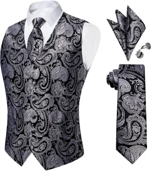 DiBanGu Mens Paisley Suit Waistcoat Silk Dress Vest and Necktie Pocket Square Cufflinks for Wedding Party
