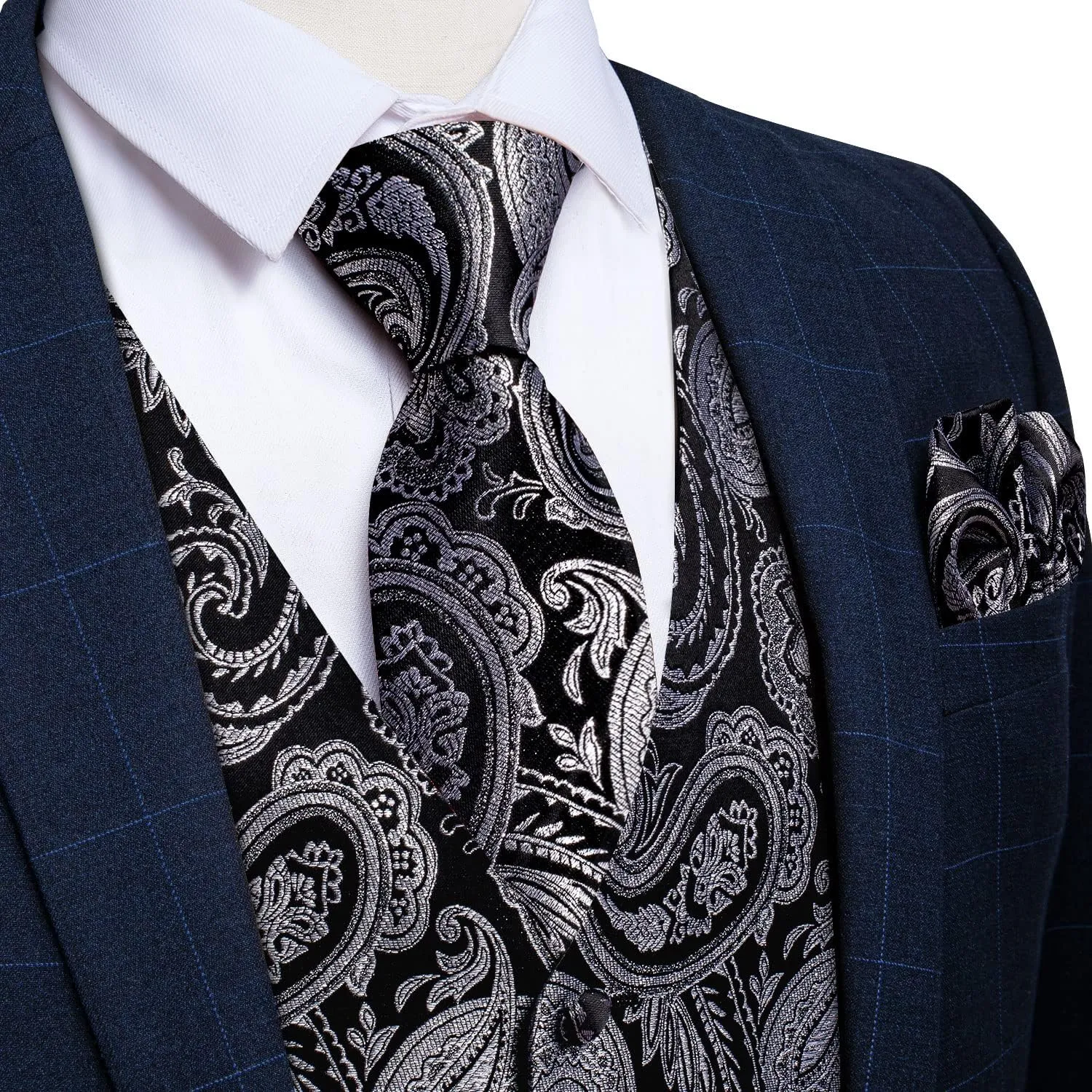DiBanGu Mens Paisley Suit Waistcoat Silk Dress Vest and Necktie Pocket Square Cufflinks for Wedding Party