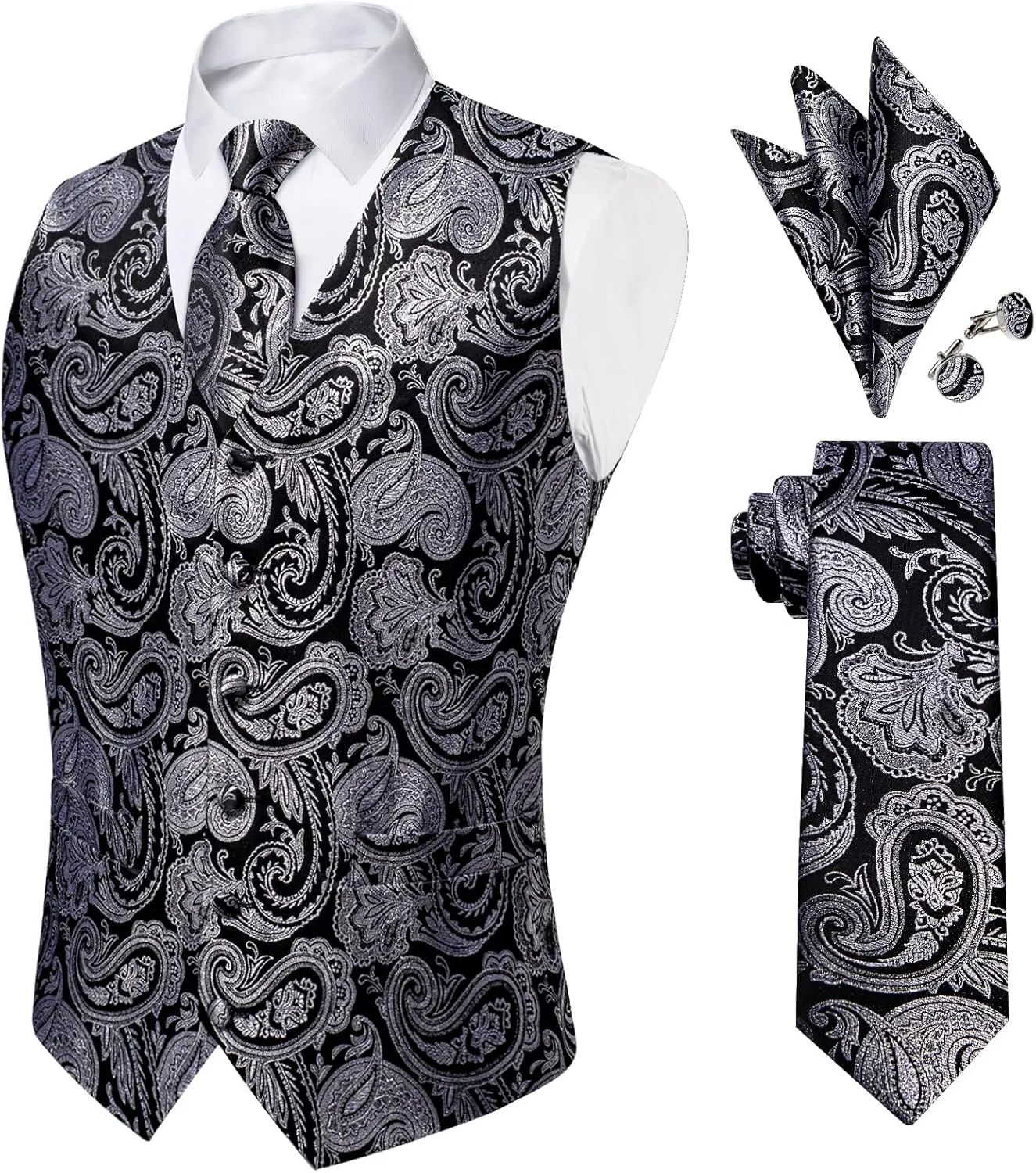 DiBanGu Mens Paisley Suit Waistcoat Silk Dress Vest and Necktie Pocket Square Cufflinks for Wedding Party