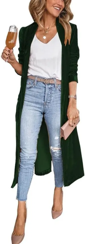 ebossy Women's Vintage Velvet Open Front Cardigan Blazer Suits Silky Loose Fit Long Jacket Coat