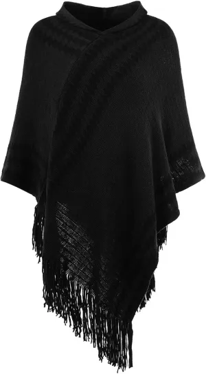 Ferand Women's Cozy Zigzag Poncho Sweater Lightweight Fringe Cape Cloak with Hood