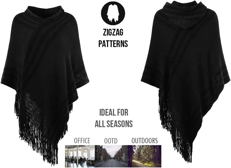 Ferand Women's Cozy Zigzag Poncho Sweater Lightweight Fringe Cape Cloak with Hood