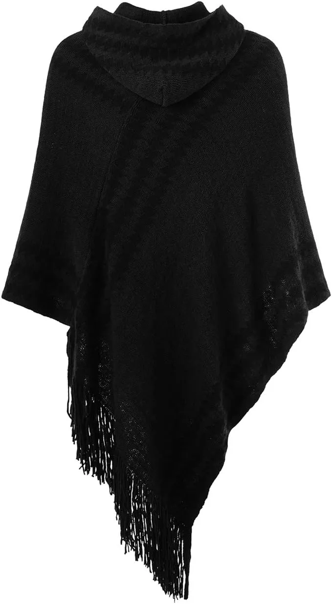 Ferand Women's Cozy Zigzag Poncho Sweater Lightweight Fringe Cape Cloak with Hood