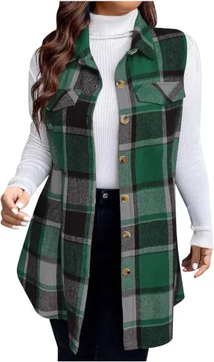 Flannel Plaid Vest for Women Sleeveless Button Down Shacket Shirt Waistcoat Lapel Neck Fall Blazer Jacket Outerwear