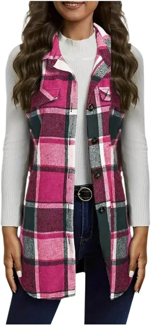 Flannel Plaid Vest for Women Sleeveless Button Down Shacket Shirt Waistcoat Lapel Neck Fall Blazer Jacket Outerwear
