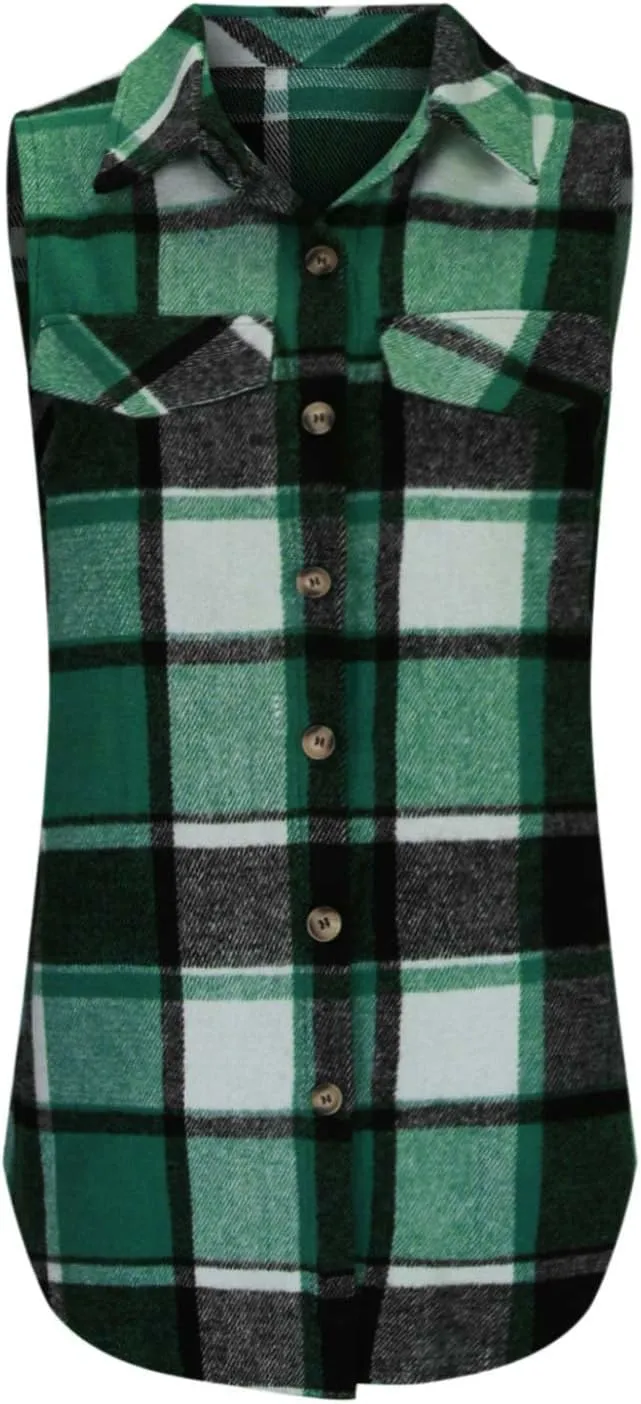 Flannel Plaid Vest for Women Sleeveless Button Down Shacket Shirt Waistcoat Lapel Neck Fall Blazer Jacket Outerwear