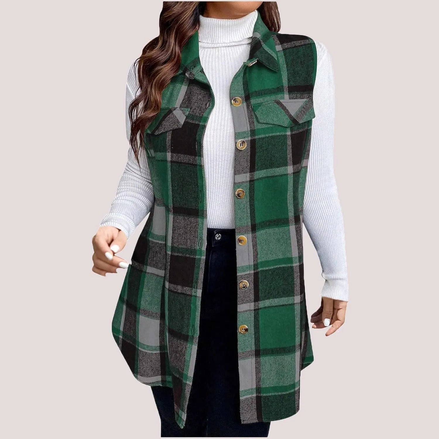 Flannel Plaid Vest for Women Sleeveless Button Down Shacket Shirt Waistcoat Lapel Neck Fall Blazer Jacket Outerwear