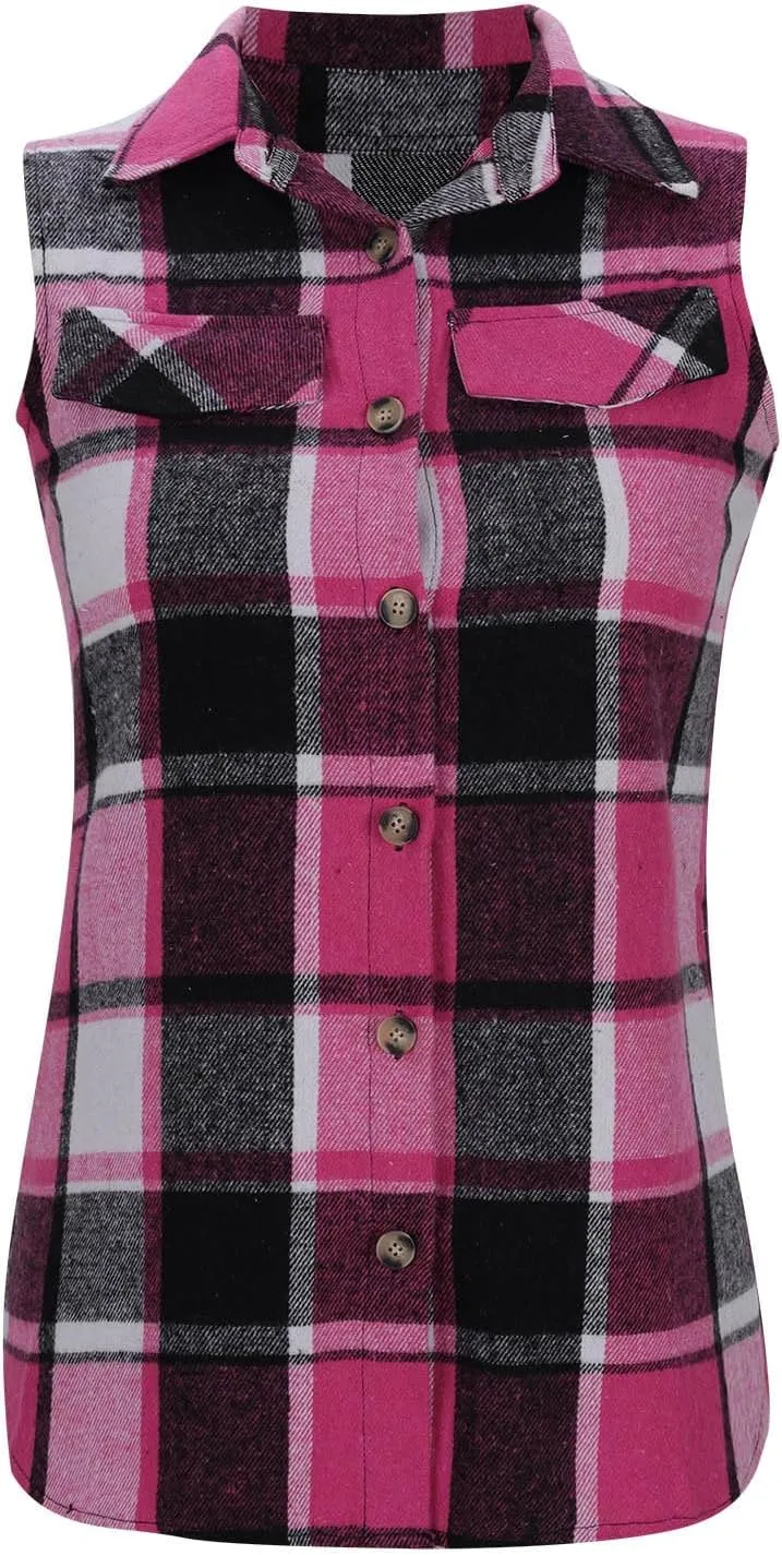 Flannel Plaid Vest for Women Sleeveless Button Down Shacket Shirt Waistcoat Lapel Neck Fall Blazer Jacket Outerwear