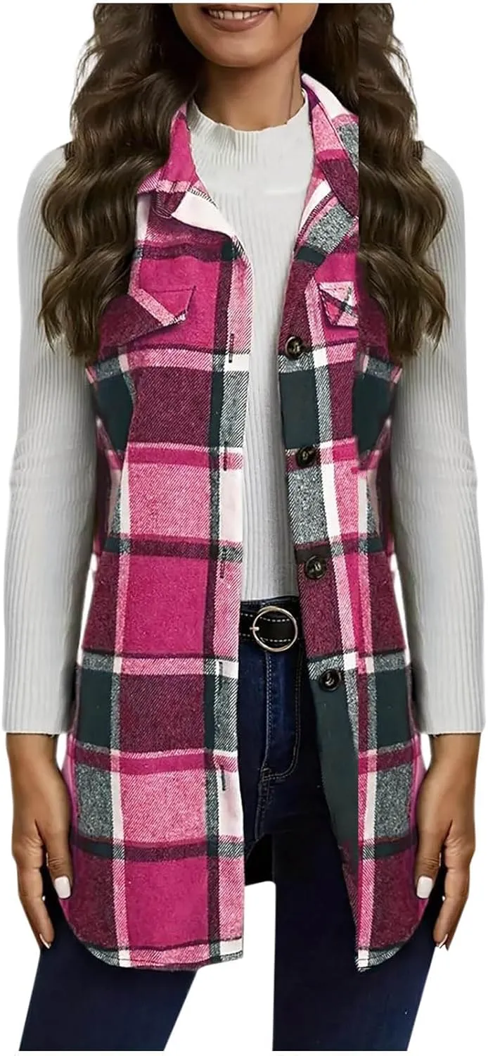 Flannel Plaid Vest for Women Sleeveless Button Down Shacket Shirt Waistcoat Lapel Neck Fall Blazer Jacket Outerwear