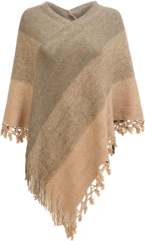 Fomolom Women Striped Poncho with Tassels Knitted Shawl Scarf Fringed Wrap Sweater Pullover Cape Gifts for Women