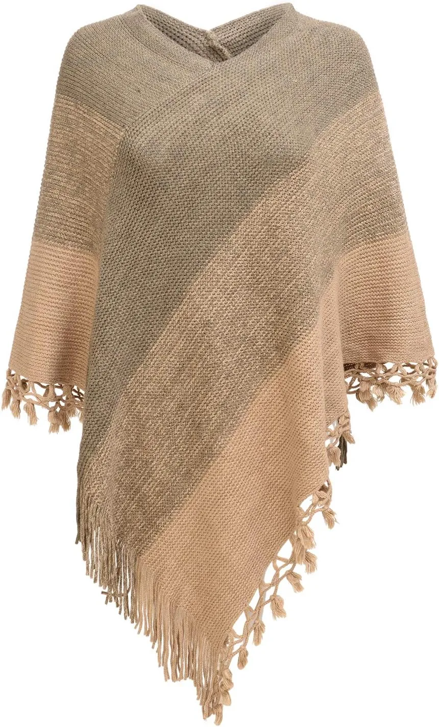 Fomolom Women Striped Poncho with Tassels Knitted Shawl Scarf Fringed Wrap Sweater Pullover Cape Gifts for Women