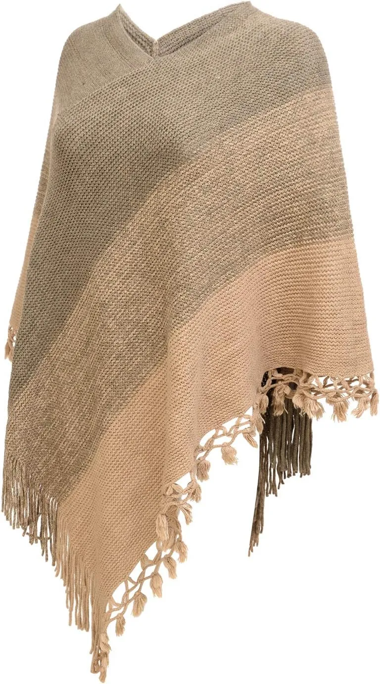 Fomolom Women Striped Poncho with Tassels Knitted Shawl Scarf Fringed Wrap Sweater Pullover Cape Gifts for Women