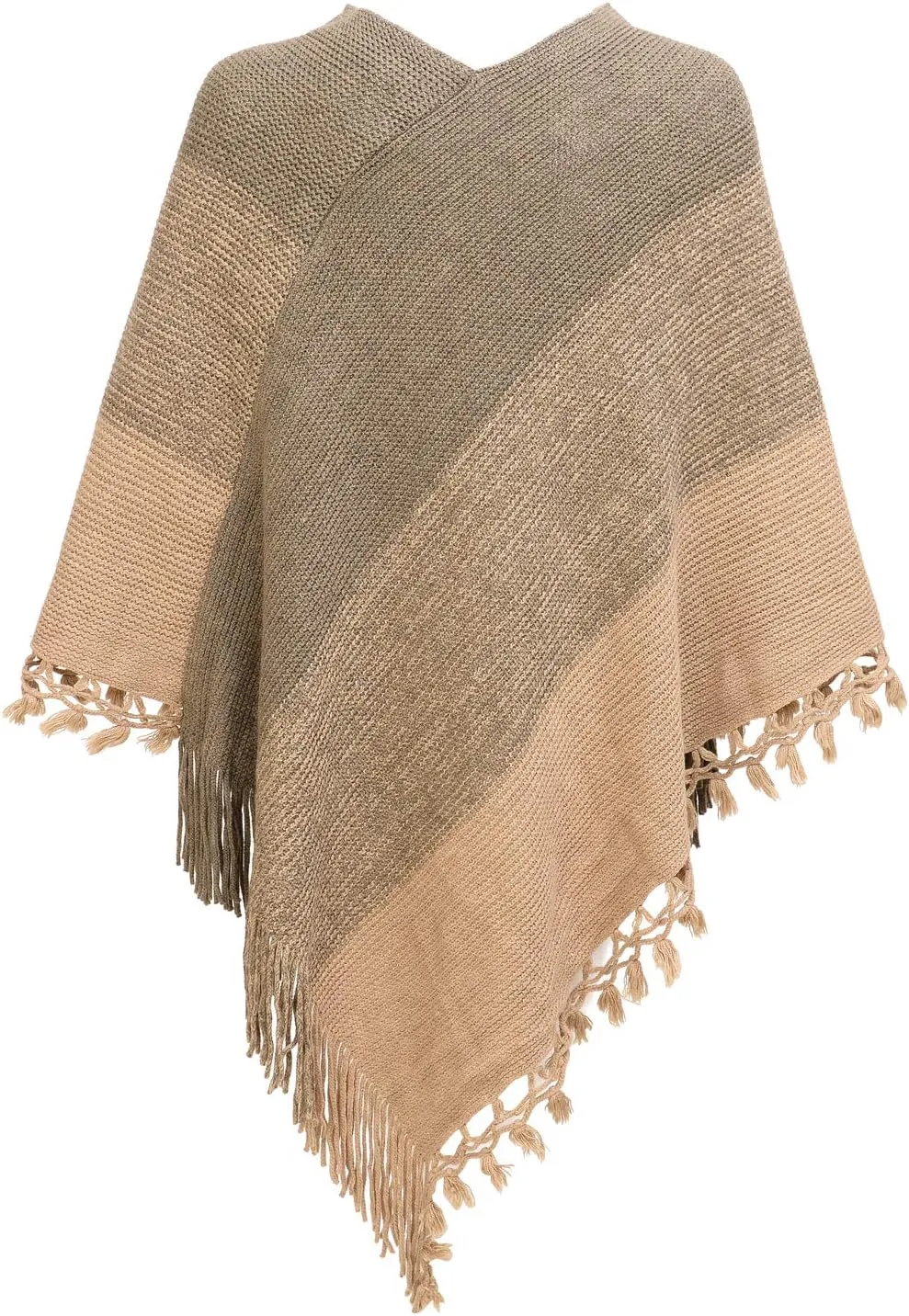 Fomolom Women Striped Poncho with Tassels Knitted Shawl Scarf Fringed Wrap Sweater Pullover Cape Gifts for Women