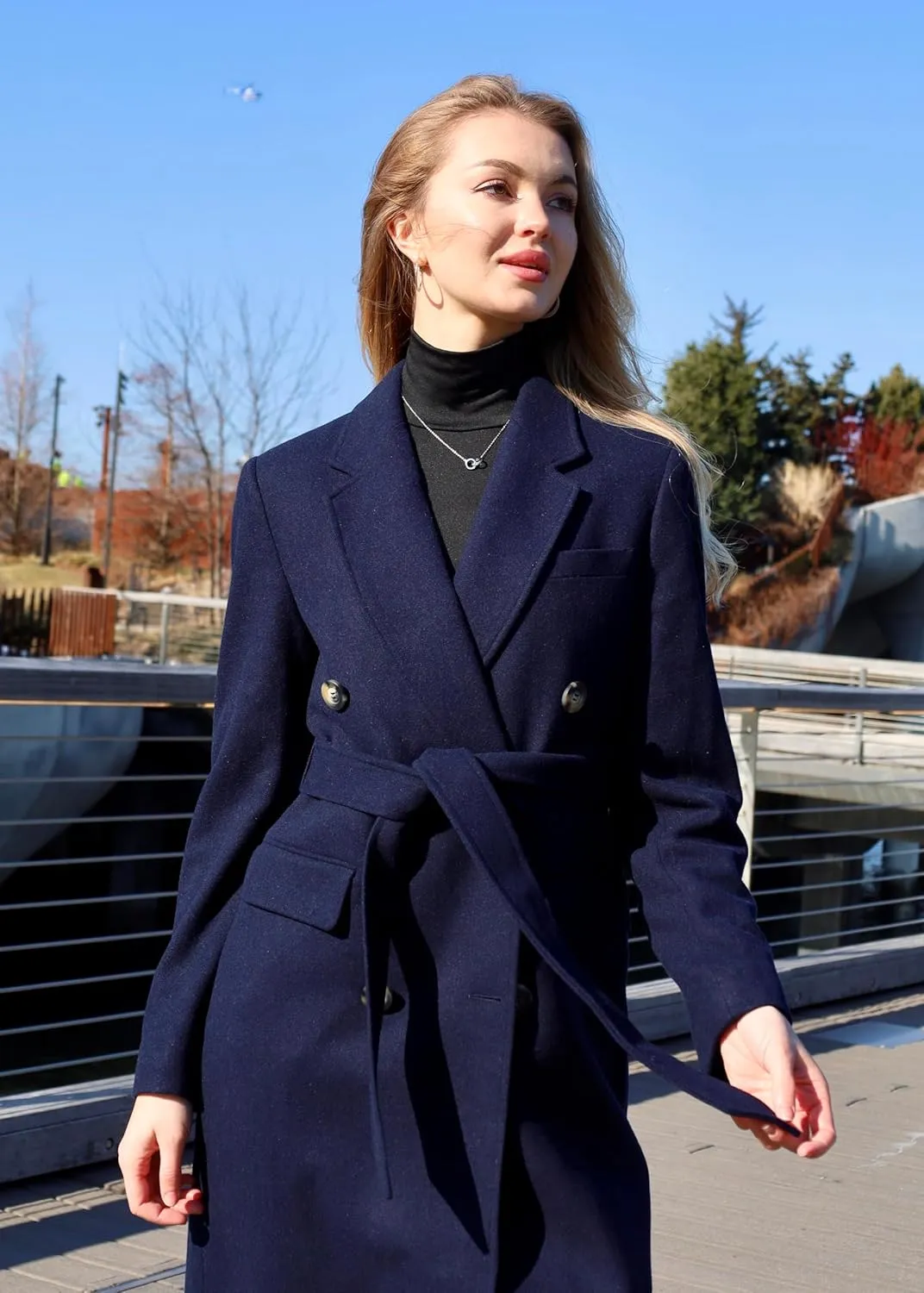 HUSN Women's Wool Long Overcoat Double Breasted Classic Spring Autumn Winter Coat with Back Vent Inner Pockets Professional