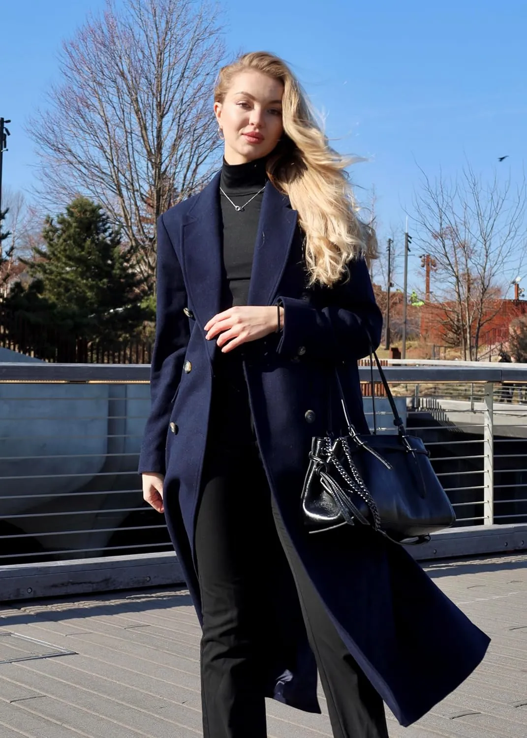 HUSN Women's Wool Long Overcoat Double Breasted Classic Spring Autumn Winter Coat with Back Vent Inner Pockets Professional