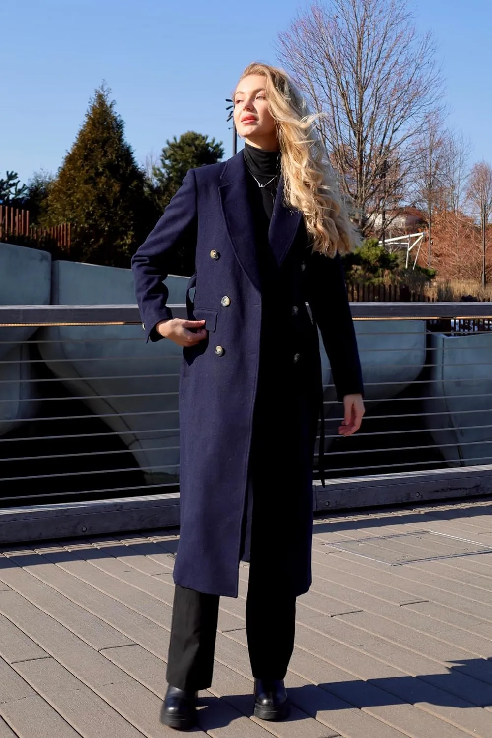 HUSN Women's Wool Long Overcoat Double Breasted Classic Spring Autumn Winter Coat with Back Vent Inner Pockets Professional