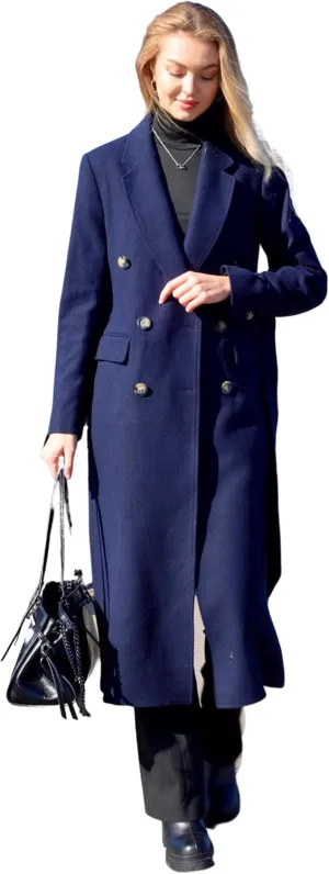 HUSN Women's Wool Long Overcoat Double Breasted Classic Spring Autumn Winter Coat with Back Vent Inner Pockets Professional