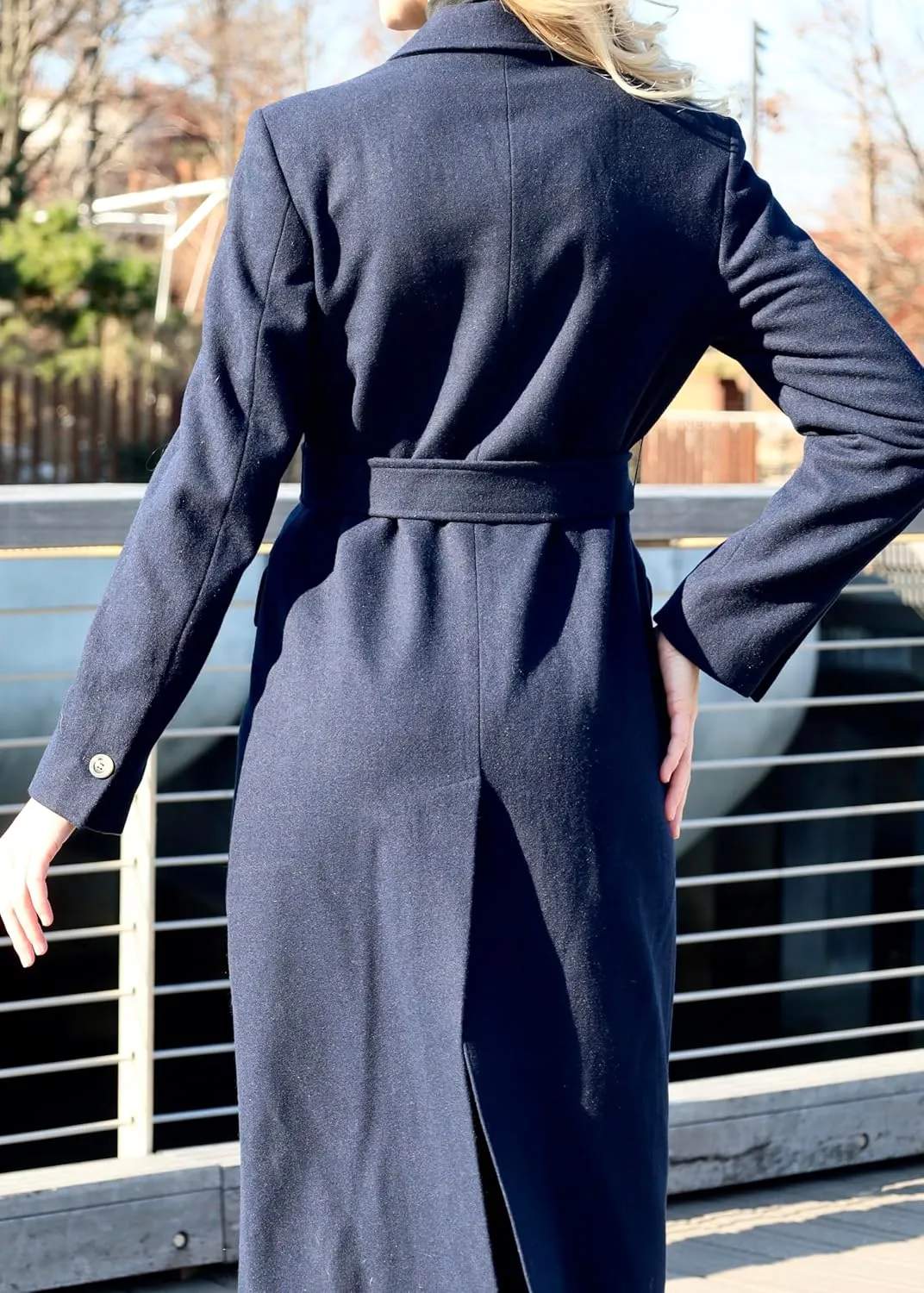 HUSN Women's Wool Long Overcoat Double Breasted Classic Spring Autumn Winter Coat with Back Vent Inner Pockets Professional