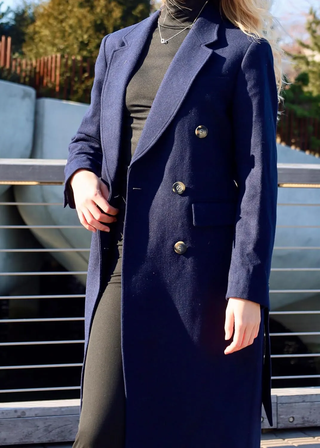 HUSN Women's Wool Long Overcoat Double Breasted Classic Spring Autumn Winter Coat with Back Vent Inner Pockets Professional