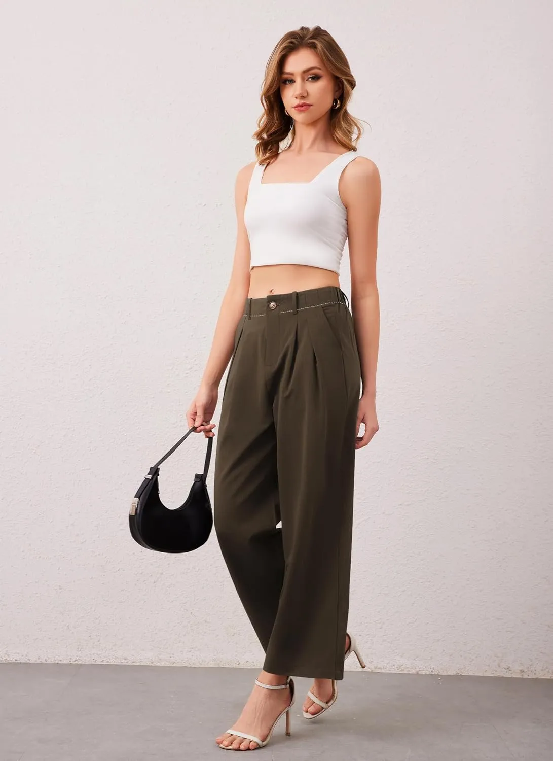 HVT Womens Work Pants High Waisted Straight Leg Pleated Pants Casual Loose Business Fluid Trousers with Pockets