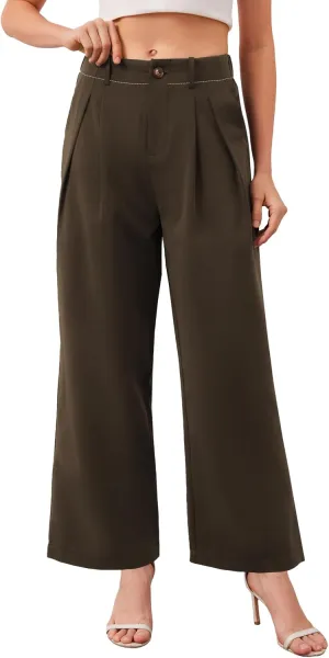 HVT Womens Work Pants High Waisted Straight Leg Pleated Pants Casual Loose Business Fluid Trousers with Pockets