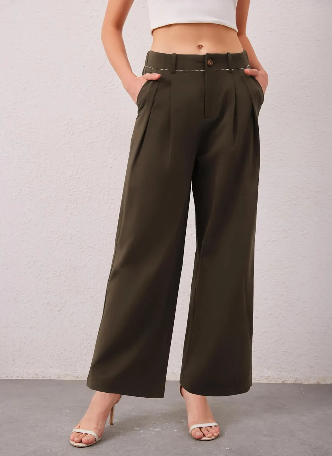 HVT Womens Work Pants High Waisted Straight Leg Pleated Pants Casual Loose Business Fluid Trousers with Pockets