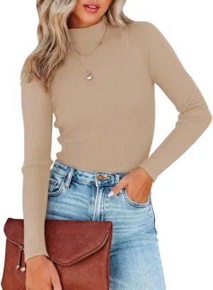 Lacozy Mock Turtle Necks Tops for Women Long Sleeve Ribbed Knit Sweater Slim Fit Basic Layer Shirts 2025 Fashion Spring Top
