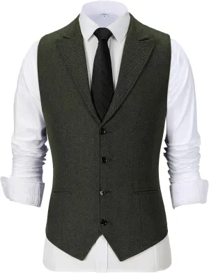 Men's Tweed Notch Lapel Suit Vintage Vest Herringbone Wool Prom Waistcoat Groomsmen XS-4XL