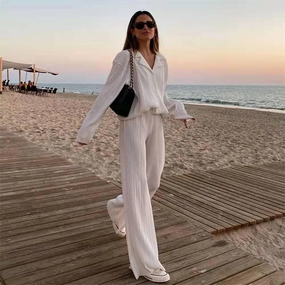Pleated 2 Piece Outfits for Women Long Sleeve Oversized Button Down Shirt Wide Leg Pants Sets Casual Loungewear