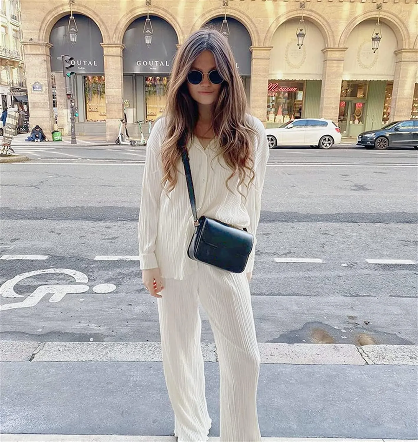 Pleated 2 Piece Outfits for Women Long Sleeve Oversized Button Down Shirt Wide Leg Pants Sets Casual Loungewear