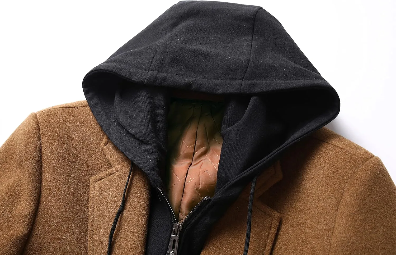 PRIJOUHE Men's Wool Coat Hoodie Long Trench Coat Cotton Casual Woollen Overcoat Jacket