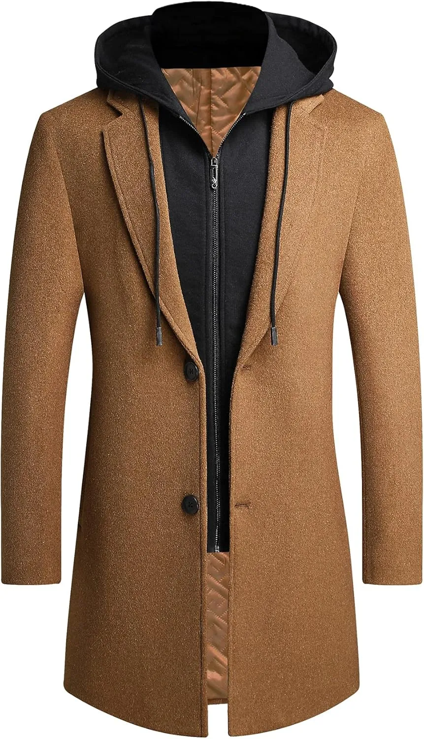 PRIJOUHE Men's Wool Coat Hoodie Long Trench Coat Cotton Casual Woollen Overcoat Jacket