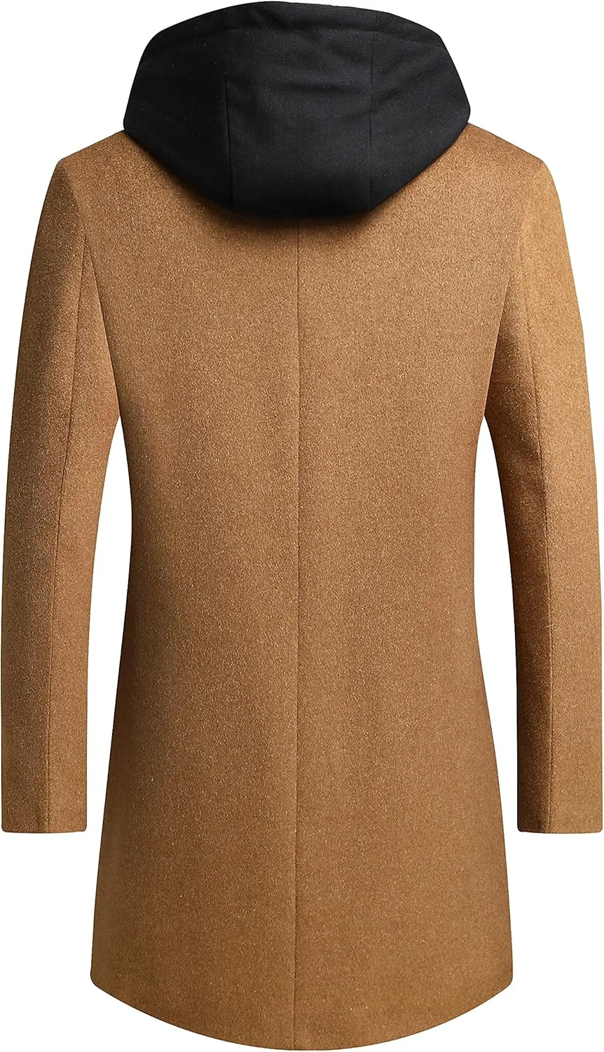 PRIJOUHE Men's Wool Coat Hoodie Long Trench Coat Cotton Casual Woollen Overcoat Jacket