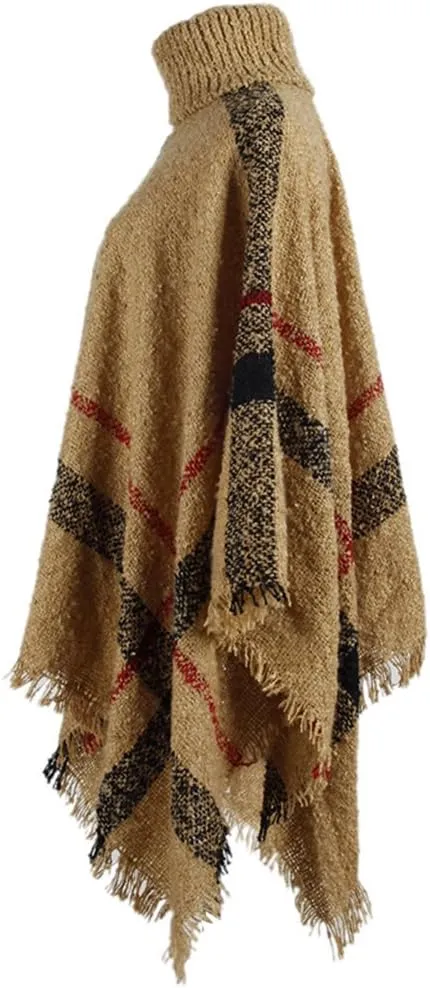 QZUnique Women's Turtleneck Poncho Sweater Knit Cape Pullover Shawl Wrap Dress Ponchos Tassels