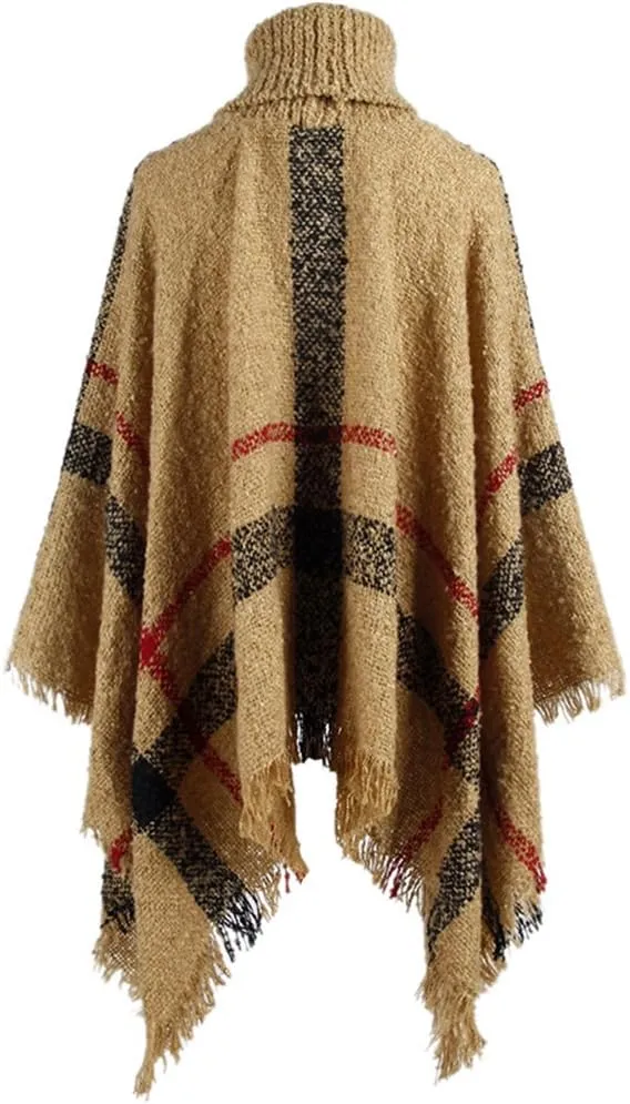 QZUnique Women's Turtleneck Poncho Sweater Knit Cape Pullover Shawl Wrap Dress Ponchos Tassels