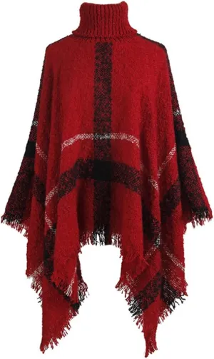 QZUnique Women's Turtleneck Poncho Sweater Knit Cape Pullover Shawl Wrap Dress Ponchos Tassels