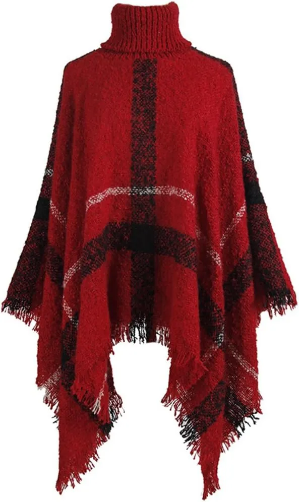 QZUnique Women's Turtleneck Poncho Sweater Knit Cape Pullover Shawl Wrap Dress Ponchos Tassels