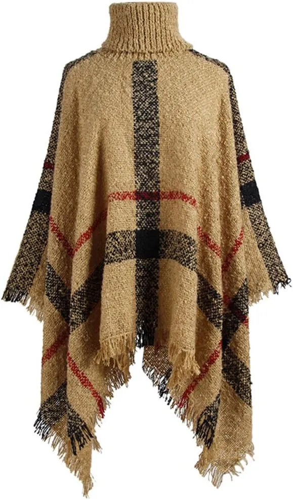 QZUnique Women's Turtleneck Poncho Sweater Knit Cape Pullover Shawl Wrap Dress Ponchos Tassels