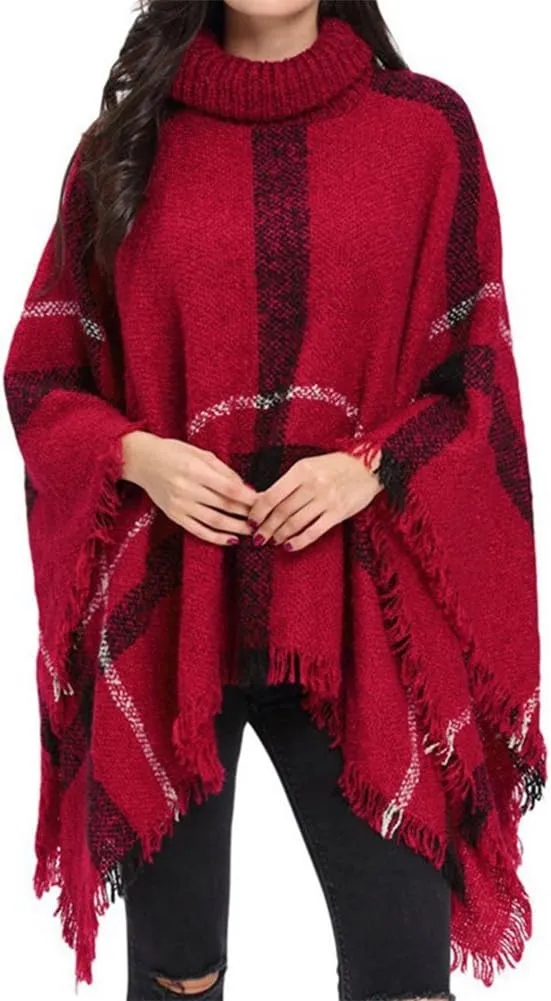 QZUnique Women's Turtleneck Poncho Sweater Knit Cape Pullover Shawl Wrap Dress Ponchos Tassels