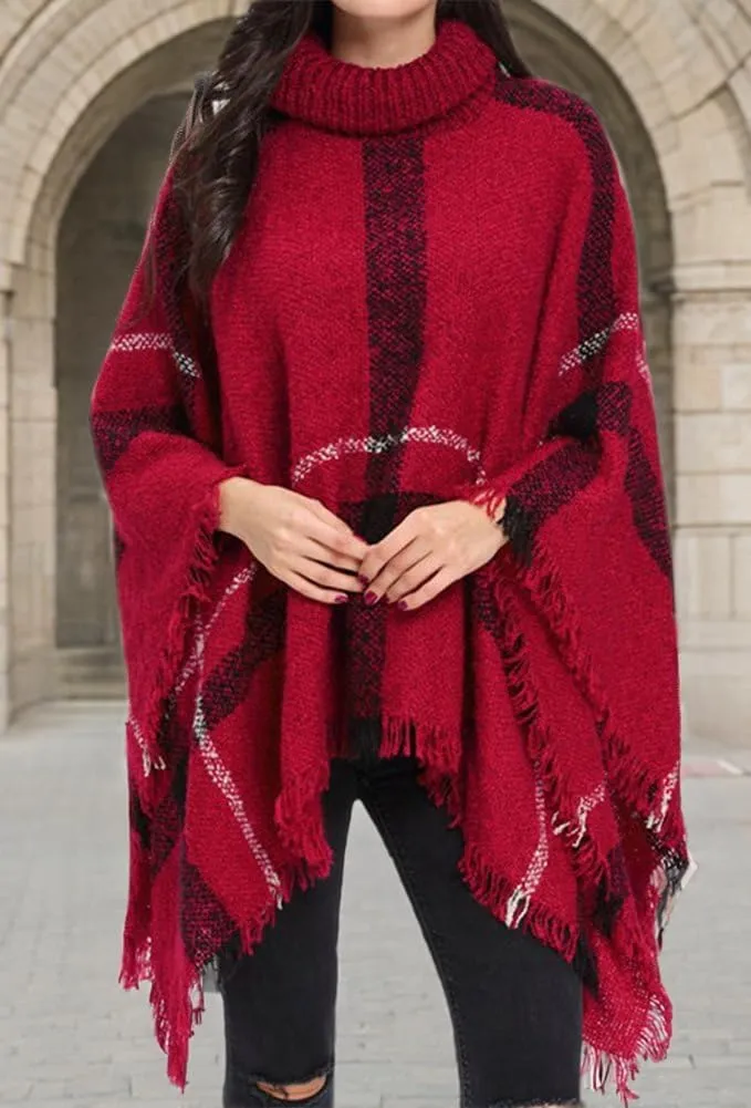 QZUnique Women's Turtleneck Poncho Sweater Knit Cape Pullover Shawl Wrap Dress Ponchos Tassels