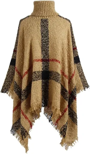 QZUnique Women's Turtleneck Poncho Sweater Knit Cape Pullover Shawl Wrap Dress Ponchos Tassels