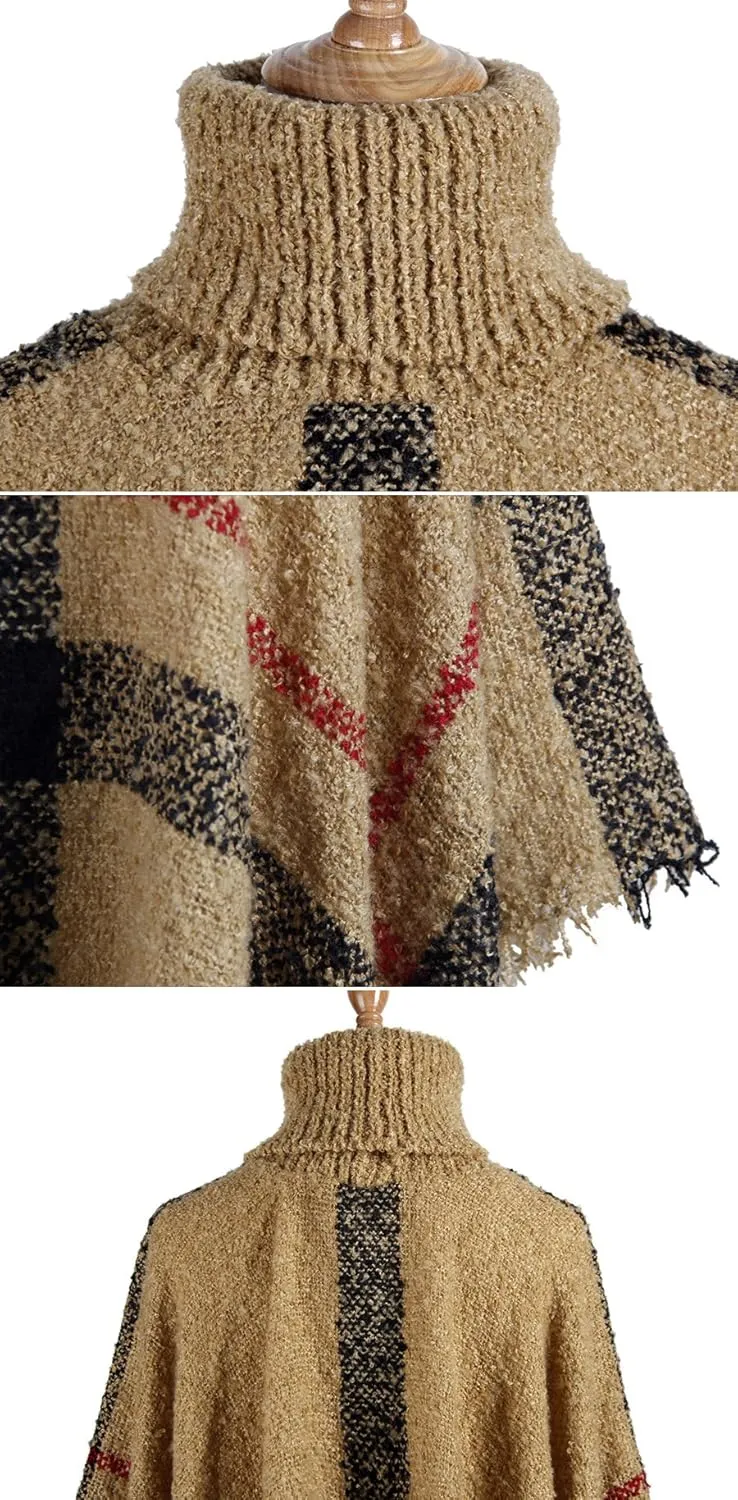 QZUnique Women's Turtleneck Poncho Sweater Knit Cape Pullover Shawl Wrap Dress Ponchos Tassels